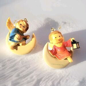 Vintage 70s Christmas Ornament Winged Angels Cherubs Sitting on Moon Pair of 2